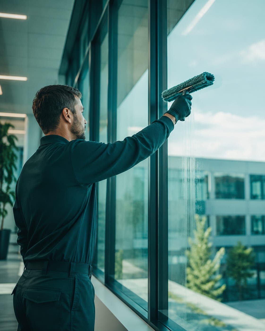 Clean-Casa Mitarbeiter reinigt ein Fenster in einem modernen Büro